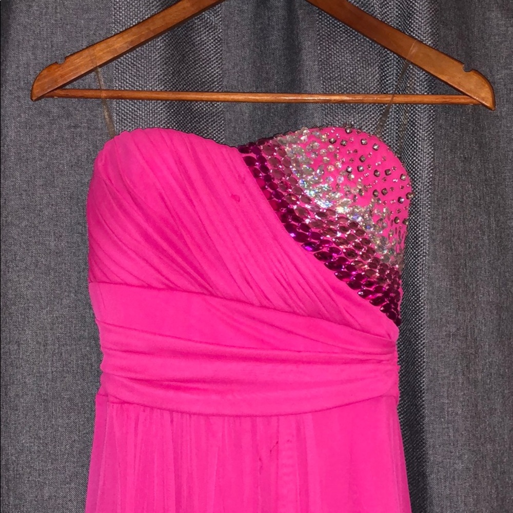 Hot Pink high-low bejeweled prom dress